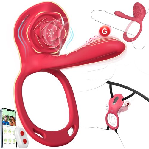 SuperLove Rose Wearable Dual Stimulation Vibrator &amp;amp; Penis Ring with Remote &amp;amp; App Red Slike
