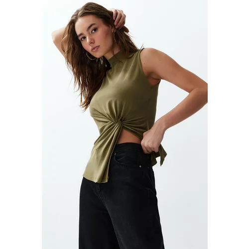 Trendyol Green Modal High Collar Knitted Blouse with Gathering and Slit Detail