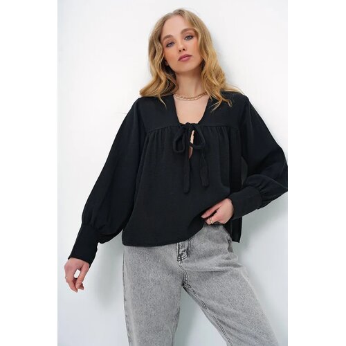 Trend Alacati Stili Ženska bluza dugih rukava Alc-X13409, V-izrez, Crna Cene