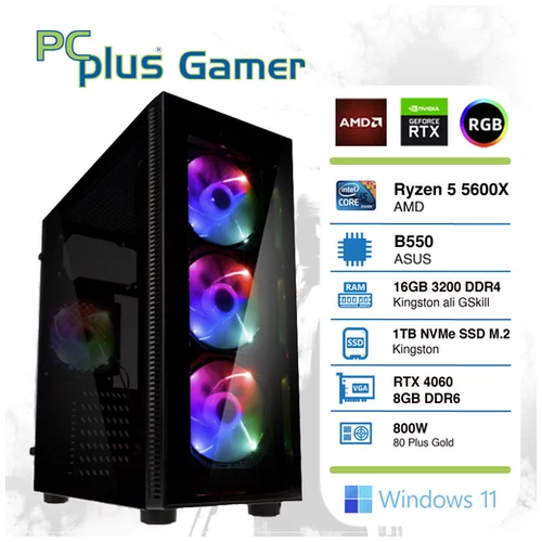 PCPLUS Gamer Ryzen 5 5600X 16GB 1TB NVMe SSD GeForce RTX 4060 GDDR6 8GB RGB Windows 11 Home gaming namizni računalnik