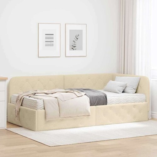 vidaXL Kotna postelja z vzmetnico z vzglavjem krema 90 x 190 cm blago Cene
