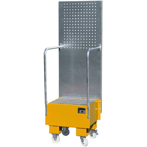 eurokraft pro Pomična prestrezna kadica s ploščo z luknjami, 1 x 60-l stoječ sod, DxŠxV 570 x 590 x 1775 mm, rumeno oranžne barve Cene