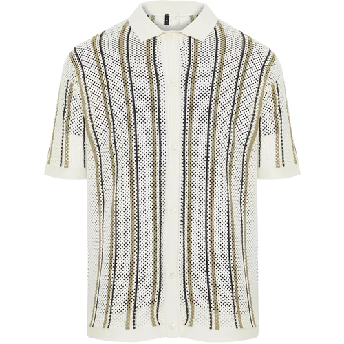 Trendyol Ecru Men's Regular Fit Openwork Buttoned Shirt Collar Limited Edition Knitwear Cardigan Shirt