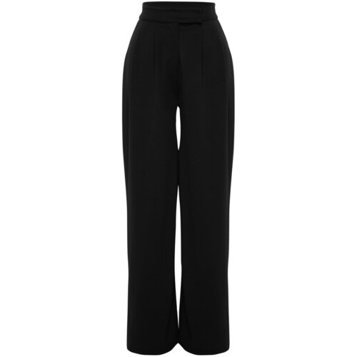 Trendyol Black High Waist Pleated Wide Leg Knitted Pants with Velcro Belt Slike