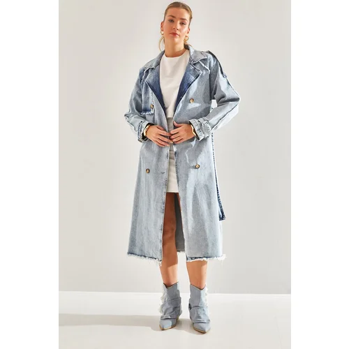 Bianco Lucci Women's Epaulette Belted Denim Trench Coat