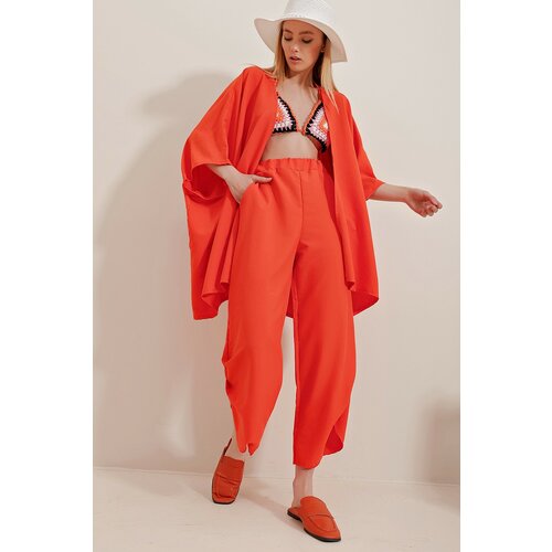 Trend Alaçatı Stili Women's Orange Self-Textured Trousers And Jacket With Slit Legs Double Suit Slike