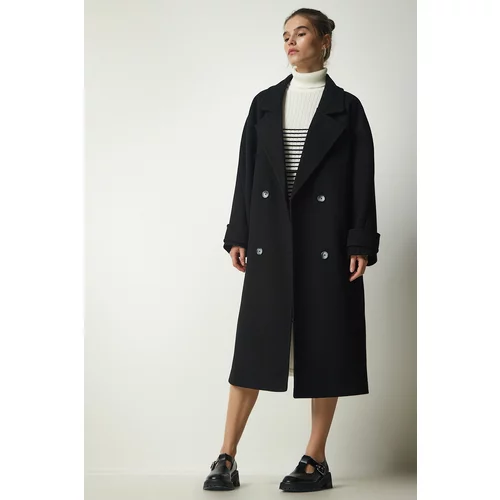 Happiness İstanbul Women's Black Double Breasted Neck Belted Oversize Cachet Coat
