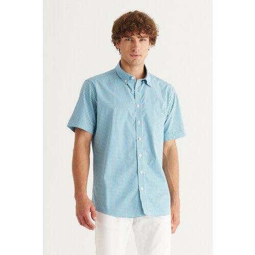 AC&Co / Altınyıldız Classics Men's White-turquoise Comfort Fit Comfy Cut Buttoned Collar 100% Cotton Gingham Shirt. Slike
