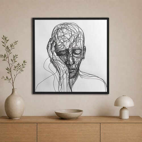 Wallxpert uramljena slika na platnu Cc-K-Sy-1027, linijski crtež glave oslonjene na ruku, crno-beli, 60 x 60 cm Cene