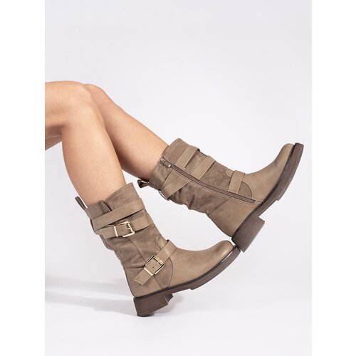 Shelvt Beige women&amp;#039;s low-heeled ankle boots with buckles Slike