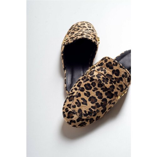 LuviShoes Women's Brown Genuine Leather Leopard Slippers Slike