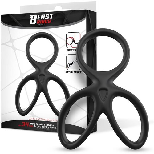 Beast Rings Triple Penis & Testicles Ring Liquid Silicone Black Cene