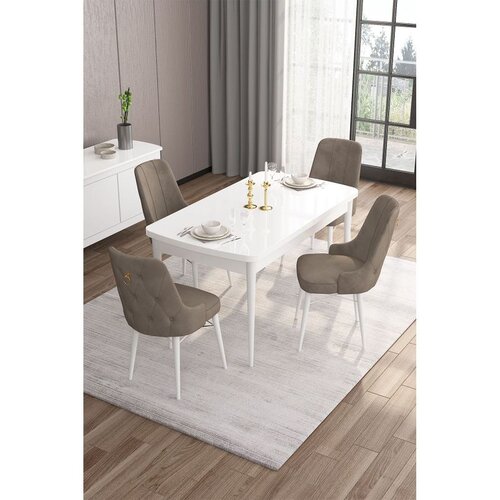 Hanah home trpezarijski set Are, sto na razvlačenje i 4 stolice, bela ploča, kapućino tkanina Babyface Cene