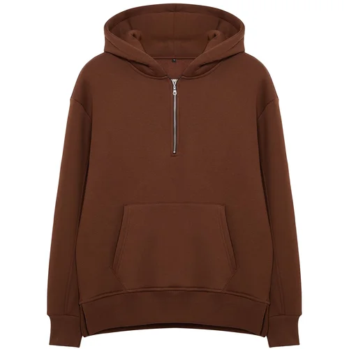 Trendyol Brown Oversize/Wide Cut Zippered Hooded Sweatshirt