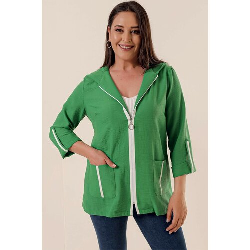 By Saygı Green Plus Size Hooded Jacket With Zippered Front Pocket, Bag Pocket Slike