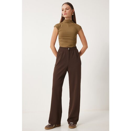 Happiness İstanbul Women's Brown Lycra Comfortable Palazzo Knitted Trousers Slike