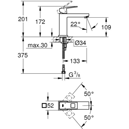 Grohe enoročna armatura za umivalnik EUROCUBE brez zgornjega dela sifona (23446000) Slike