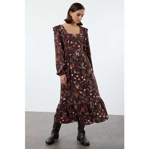 Trendyol Brown Floral A-Line Ruffle 100% Viscose Woven Dress Slike