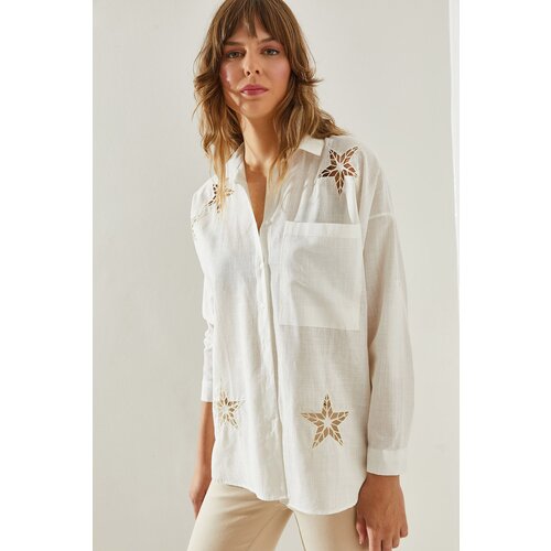 Bianco Lucci Women's Flam Linen Star Laser Cut Single Pocket Long Sleeve Shirt Slike