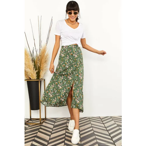 Olalook Women's Floral Green Zippered Side Slit Viscose Skirt