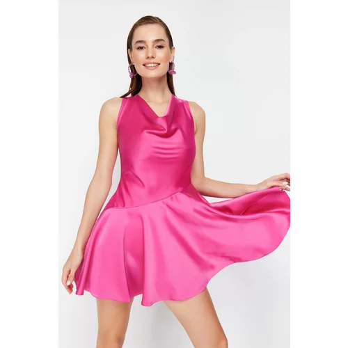 Trendyol Pink Degaje Collar Satin Elegant Evening Dress