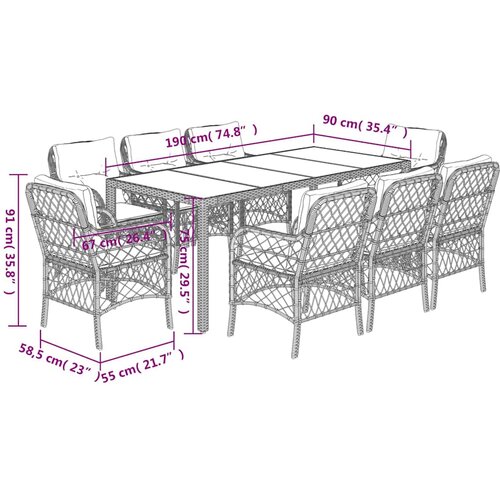  9-dijelni vrtni blagovaonski set s jastucima crni od poliratana Crna 190 cm table length Slike