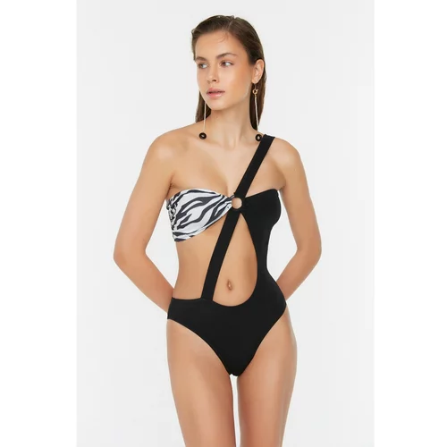 Trendyol Black-Zebra Patterned Cut Out Detailed Swimsuit