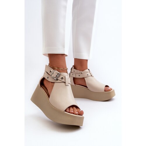 Zazoo 1732 Leather Wedge Sandals Beige Cene