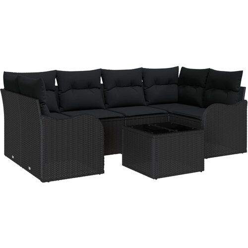 VidaXL 7-delna vrtna sofa garnitura z blazinami, črna poli ratan, 2-sedežna vrtna sofa z blazinami, črna poli ratan Slike