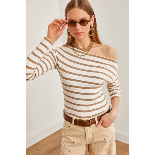 Olalook Women&amp;#039;s Beige Striped Premium Soft Touch Boat Neck Stretchy Blouse Slike