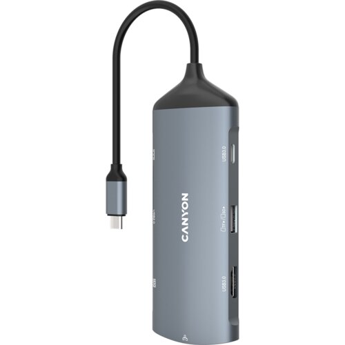 Canyon 8 in 1 hub, with 1*HDMI,1*Gigabit Ethernet,1*USB C female:PD3.0 support max60W,1*USB C male :PD3.0 support max100W,2*USB3.1:support max 5Gbps,1*USB2.0:support max 480Mbps, 1*SD, cable 15cm, Aluminum alloy housing,133.24*48.7*15.3mm,Dark grey Cijene