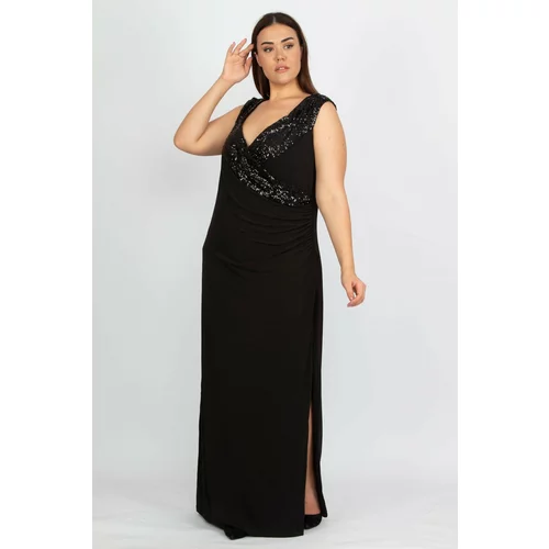 Şans Women's Plus Size Black Sequin Detail Wrapped Evening Dress