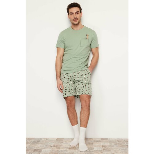 Trendyol Men's Green Regular Fit Printed Knitted Pajamas Set Cene
