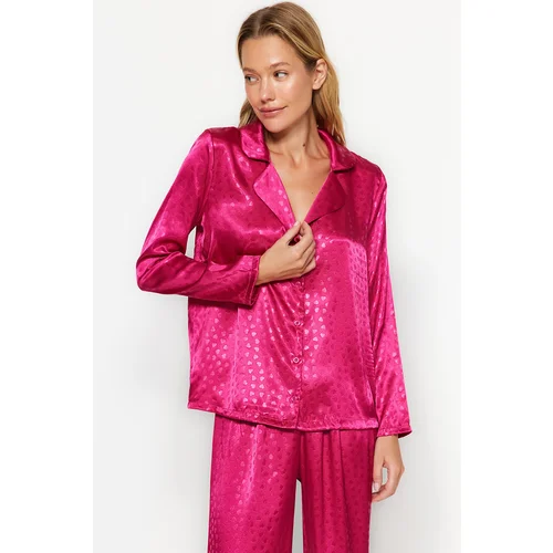 Trendyol Fuchsia Heart Patterned Satin Shirt-Pants Weave Pajamas Set