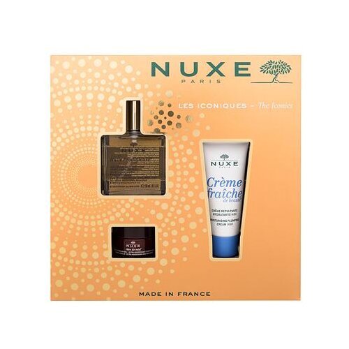 Nuxe Huile Prodigieuse The Iconics darilni set suho olje Huile Prodigieuse 50 ml + dnevna krema za obraz Cr&amp;eacute;me Fraiche Moisturising Plumping Cream 30 ml + balzam za ustnice Reve De Miel Honey Lip Balm 15 g Slike
