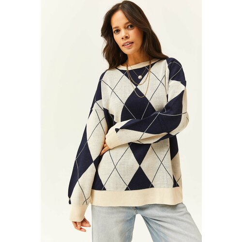 Olalook Women's Navy Blue White Diamond Patterned Thick Knitwear Sweater Slike
