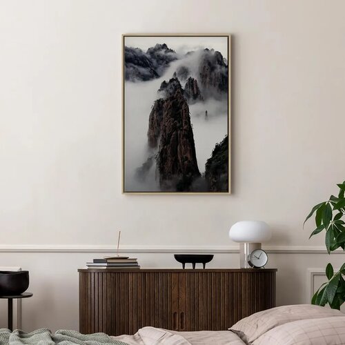  Slika - High Mountains in Mist (1-part) - Landscape of Clouds Amid Rocks 40x60 U prirodnom drvenom okviru Slike