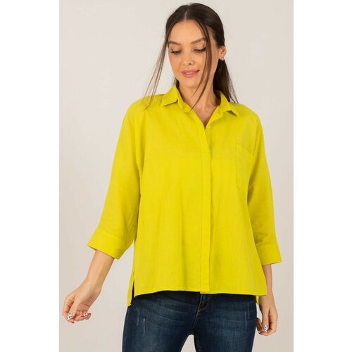 armonika Women's Neon Green Loose Linen Shirt with Pocket Cene