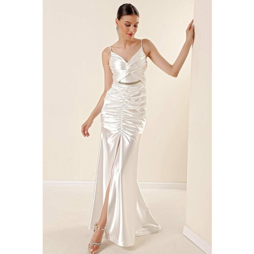 By Saygı Rope Hangings Draped Front with Chain Accessories and a Slit in the Front Lined Satin Long Dress White Slike