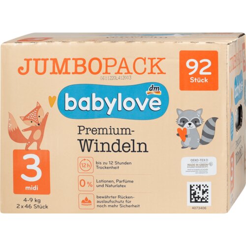babylove JUMBOPACK Premium pelene veličina 3 midi (4-9 kg), 2x46kom 92 kom Slike