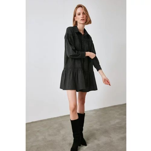 Trendyol Anthracite Belted Lace Detailed Shirt Dress