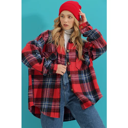 Trend Alaçatı Stili Women's Red Checked Stamped Cotton Oversized Safari Jacket Shirt