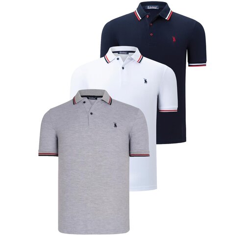 Dewberry TRIPLE SET T8594 MENS T-SHIRT-NAVY BLUE-WHITE-GREY Slike