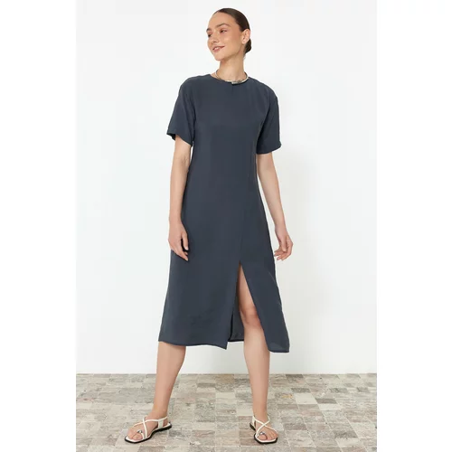 Trendyol Anthracite Straight Cut Gather Detailed Midi Woven Dress