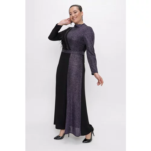 By Saygı Judge Collar Stone And Feather Detailed Waist Belt Half Silvery Plus Size Long Dress Purple