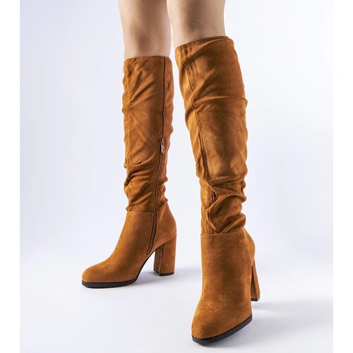 Gemre Brown ruched block heel boots Olesen Cene