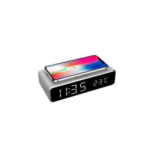 Digitalni sat sa wireless bežičnim punjačem za mobitel GEMBIRD, silver, DAC-WPC-01-S Slike