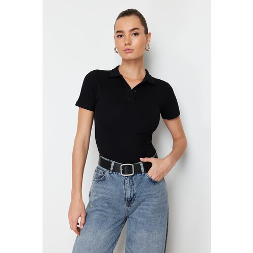 Trendyol Black Polo Neck Buttoned Short Sleeve Stretchy Ribbed Knitted Blouse Slike