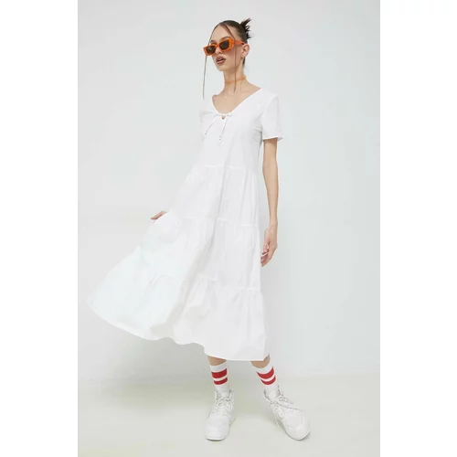 Tommy Jeans Pamučna haljina boja: bijela, midi, širi se prema dolje