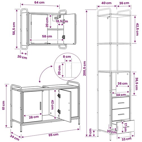  Set ormarića za kupaonicu 3 kom. Staro drvo 40 x 36 x 200 5 cm - Staro drvo Ormar s umivaonikom (3 vrata) + viseći ormar Slike